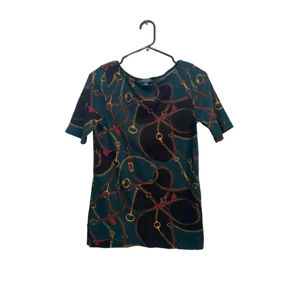 Lauren Ralph Short Sleeve Equestrian Chain Print Blouse Top Size Large - Picture 1 of 4